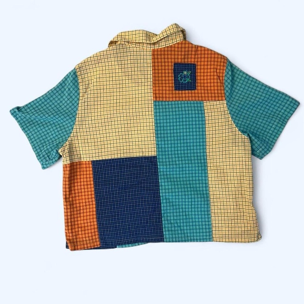 Blue Multicolor Patchwork Short Sleeve Button Up … - image 3